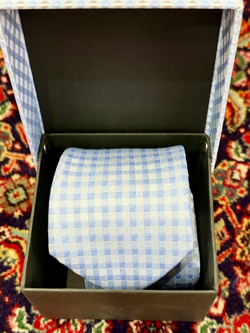MERCEDES BENZ NECK  TIE 100%SILK LIGHT BLUE CHECKS PATTERN